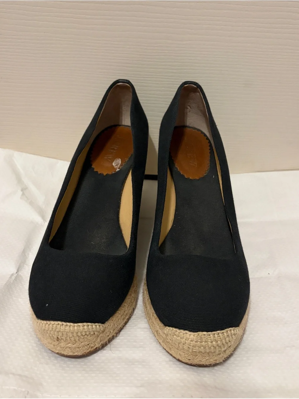 J. Crew Black Canvas Espadrille Wedge Pumps with Jute Trim